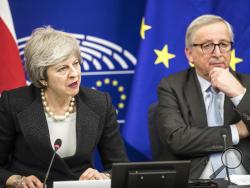 Britain's Prime Minister Theresa May, left, and European Commission President Jean-Claude Juncker attend a media conference at the European Parliament in Strasbourg, eastern France, Monday, March 11, 2019. Prime Minister Theresa May is making a last-ditch attempt to get concessions from EU counterparts on elements of the agreement they all reached late last year. (AP Photo/Jean-Francois Badias)