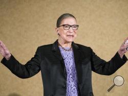 FILE - In this Aug. 19, 2016, file photo U.S. Supreme Court Justice, Ruth Bader Ginsburg, is introduced during the keynote address for the State Bar of New Mexico's Annual Meeting in Pojoaque. The Supreme Court announced Aug. 23, 2019, that Ginsburg has been treated for a malignant tumor. (AP Photo/Craig Fritz, File)