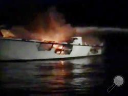 This image made from video released by TowBoatUS Ventura shows a burning out charter dive boat "Conception," before it sank off Santa Cruz Island, near the coast of Ventura County, Calif., early Monday, Sept. 2, 2019. (Capt. Paul Amaral/TowBoatUS Ventura via AP)
