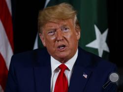 President Donald Trump speaks during a meeting with Pakistani Prime Minister Imran Khan at the InterContinental Barclay hotel during the United Nations General Assembly, Monday, Sept. 23, 2019, in New York. (AP Photo/Evan Vucci)