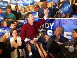 Democrat Andy Beshear speaks to supporters after a daylong tour of Kentucky on the last night of the campaign for governor, in Louisville, Ky., Monday, Nov. 4, 2019. Beshear traveled the state as his opponent, Republican Gov. Matt Bevin, welcomed President Donald Trump for a rally Monday night in Lexington. Voters go to the polls Tuesday. (AP Photo/Dylan Lovan)