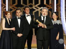 This image released by NBC shows filmmaker Sam Mendes accepting the award for best motion picture drama for "1917" at the 77th Annual Golden Globe Awards at the Beverly Hilton Hotel in Beverly Hills, Calif., on Sunday, Jan. 5, 2020. (Paul Drinkwater/NBC via AP)