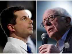 This combination of Jan. 26, 2020, photos shows at left, Democratic presidential candidate former South Bend, Ind., Mayor Pete Buttigieg on Jan. 26, 2020, in Des Moines, Iowa; and at right Democratic presidential candidate Sen. Bernie Sanders, I-Vt., in Sioux City, Iowa. After a daylong delay, partial results from Iowa's Democratic caucuses showed Buttigieg and Sanders ahead of the pack. (AP Photo)
