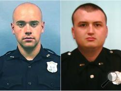 This combination of photos provided by the Atlanta Police Department shows Officer Garrett Rolfe, left and Officer Devin Brosnan. Rolfe, who fatally shot Rayshard Brooks in the back after the fleeing man pointed a stun gun in his direction, was charged with felony murder and 10 other charges. Brosnan, who prosecutors say stood on Brooks' shoulder as he struggled for life after a confrontation was charged with aggravated assault. (Atlanta Police Department via AP)