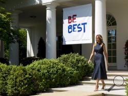 FILE - In this May 7, 2019 file photo, first lady Melania Trump arrives for a one year anniversary event for her Be Best initiative in the Rose Garden of the White House in Washington. Melania Trump has announced plans to renovate the White House Rose Garden. It's the outdoor space steps away from the Oval Office. (AP Photo/Andrew Harnik)