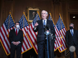 Senate Majority Leader Mitch McConnell of Kentucky, speaks during a news conference following a weekly meeting with the Senate Republican caucus, Tuesday, Dec. 8. 2020 at the Capitol in Washington. (Sarah Silbiger/Pool via AP)