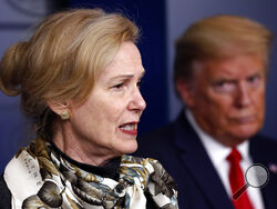 FILE - In this April 22, 2020, file photo, President Donald Trump listens as Dr. Deborah Birx, White House coronavirus response coordinator, speaks about the coronavirus in the James Brady Press Briefing Room of the White House in Washington. Birx was brought into President Donald Trump’s orbit to help fight the coronavirus, she had a sterling reputation as a globally recognized AIDS researcher and a rare Obama administration holdover. Less than 10 months later, her reputation is frayed and her future in Pr