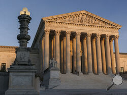 FILE - In this Nov. 6, 2020, file photo, the Supreme Court is seen at sundown in Washington. The Supreme Court is telling California that it can’t enforce coronavirus-related restrictions that have limited home-based religious worship including Bible studies and prayer meetings.The order from the court late Friday, April 9, 2021, is the latest in a recent string of cases in which the high court has barred officials from enforcing some coronavirus-related restrictions applying to religious gatherings. (AP Ph
