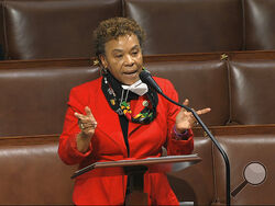 FILE - In this April 23, 2020, file image from video, Rep. Barbara Lee, D-Calif., speaks on the floor of the House of Representatives at the U.S. Capitol in Washington. The Democratic-led House, with the backing of President Joe Biden, is expected to approve legislation Thursday, June 17, 2021, to repeal the 2002 authorization for use of military force in Iraq. (House Television via AP)