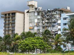 A view of the Champlain Towers South Condo is seen Friday, June 25, 2021 in Surfside, Fla. The apartment building partially collapsed on Thursday, June 24. (Pedro Portal/Miami Herald via AP)