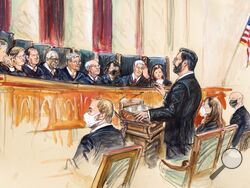 FILE - This artist sketch depicts Marc Hearron, petitioner for Whole Woman's Health, standing while speaking to the Supreme Court, Monday, Nov. 1, 2021, in Washington. Seated to Hearron's left is Judd Stone II, Texas Solicitor General. Justices seated from left are Associate Justice Brett Kavanaugh, Associate Justice Elena Kagan, Associate Justice Samuel Alito, Associate Justice Clarence Thomas, Chief Justice John Roberts, Associate Justice Stephen Breyer, Associate Justice Sonia Sotomayor, Associated Justi