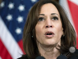 FILE - Vice President Kamala Harris speaks while meeting with Bahrain's Crown Prince and Prime Minister, Salman bin Hamad Al Khalifa, March 4, 2022, in her ceremonial office at the Eisenhower Executive Office Building on the White House complex in Washington. Harris heads to Warsaw on Wednesday in what is supposed to be an opportunity to display the Biden administration’s thanks to Poland for taking in hundreds of thousands of Ukrainians fleeing their country after the Russian invasion. Instead, she finds h