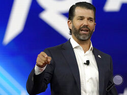 FILE - Donald Trump Jr., speaks at the Conservative Political Action Conference (CPAC) on Feb. 27, 2022, in Orlando, Fla. Donald Trump Jr. texted White House chief of staff Mark Meadows two days after the 2020 presidential election with strategies for overturning the result if Trump's father lost, CNN reported Friday, April 8, 2022. (AP Photo/John Raoux, File)