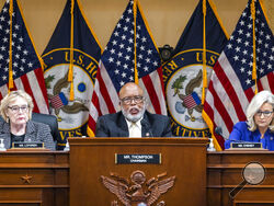FILE - Chairman Bennie Thompson, D-Miss., center, speaks as the House select committee investigating the Jan. 6 attack on the U.S. Capitol holds its final meeting on Capitol Hill in Washington, Dec. 19, 2022. From left, Rep. Zoe Lofgren, D-Calif., Thompson and Vice Chair Liz Cheney, R-Wyo. A report set to be released by House investigators will conclude that then-President Donald Trump criminally plotted to overturn his 2020 election defeat and “provoked his supporters to violence” at the Capitol with false