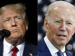 This combination of photos shows former President Donald Trump, left, and President Joe Biden, right. Biden and Trump are preparing for a possible rematch in 2024. But a new poll finds a notable lack of enthusiasm within the parties for either man as his party's leader, and a clear opening for new leadership. The poll from The Associated Press-NORC Center for Public Affairs Research finds a third of both Democrats and Republicans are unsure of who they want leading their party. (AP Photo/File)