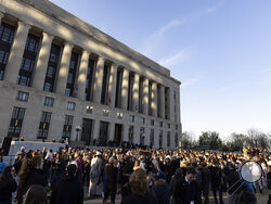A crowd gathers outside the courthouse and City Hall for a vigil held for victims of The Covenant School shooting on Wednesday, March 29, 2023, in Nashville, Tenn. (AP Photo/Wade Payne)