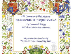 This photo released by Buckingham Palace on Tuesday, April 4, 2023 displays the invitation to the Coronation of Britain's King Charles III in Westminster Abbey. King Charles III’s wife has been officially identified as Queen Camilla for the first time, with Buckingham Palace using the title on invitations for the monarch’s May 6 coronation. Camilla, who until now has been described as queen consort, is given equal billing on the ornate medieval style invitations that will be sent to more than 2,000 guests 