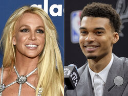 FILE - Britney Spears appears at the 29th annual GLAAD Media Awards in Beverly Hills, Calif., on April 12, 2018, left, and San Antonio Spurs NBA basketball first round draft pick Victor Wembanyama speaks during a news conference in San Antonio on June 24, 2023. Wembanyama said Thursday, July 6, 2023, that he believes Britney Spears grabbed him from behind as he was walking into a restaurant at a Las Vegas casino, and that the security detail he was with pushed the pop star away. (AP Photos by Chris Pizzello