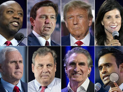 This combination of photos shows Republican presidential candidates, top row from left, Sen. Tim Scott, R-S.C., Florida Gov. Ron DeSantis, former president Donald Trump, and former South Carolina Gov. Nikki Haley, and bottom row from left, former Vice President Mike Pence, former New Jersey Gov. Chris Christie, North Dakota Gov. Doug Burgum and Vivek Ramaswamy. With less than a month to go until the first 2024 Republican presidential debate, eight candidates say they have met the qualifications for a podium