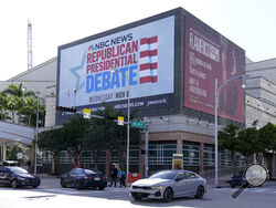 A billboard announcing the third Republican presidential debate in Miami is shown, Tuesday, Nov. 7, 2023, in downtown Miami. Five hopefuls will participate in the debate at the Adrienne Arsht Center for the Performing Arts of Miami-Dade County, according to the Republican National Committee. They are Florida Gov. Ron DeSantis, businessman Vivek Ramaswamy, former U.N. Ambassador Nikki Haley, Sen. Tim Scott, R-S.C., and former New Jersey Gov. Chris Christie. (AP Photo/Wilfredo Lee)