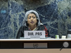 Dr Gaya Gamhewage, WHO Director, Prevention of and Response to Sexual Misconduct, speaks during the 76th World Health Assembly in Geneva, Switzerland, May 25, 2023. Internal documents obtained by The Associated Press show that the World Health Organisation has paid $250 each to at least 104 women in Congo who say they were sexually abused or exploited by Ebola outbreak responders. That amount is less than what some U.N. officials are given for a single day's expenses when working in Congo. (Antoine Tardy/WH