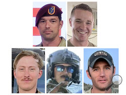 These undated photos provided by U.S. Army Special Operations Command Public Affairs, shows the five Army aviation special operations forces killed when their helicopter crashed in the Eastern Mediterranean over the weekend. From top left to bottom right are, Chief Warrant Officer 3 Stephen R. Dwyer, of Clarksville, Tenn., Sgt. Andrew P. Southard, of Apache Junction, Ariz., Staff Sgt. Tanner W. Grone, of Gorham, N.H., Sgt. Cade M. Wolfe, of Mankato, Minn., and Chief Warrant Officer 2 Shane M. Barnes, of Sac