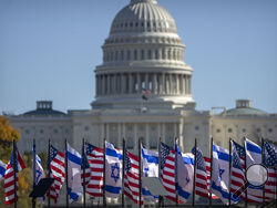 U.S. and Israeli flags fly on the stage in front of the Capitol at the March for Israel at the National Mall on Tuesday, Nov. 14, 2023, in Washington. (AP Photo/Mark Schiefelbein)
