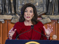 FILE - New York Gov. Kathy Hochul speaks at the state Capitol, Feb. 1, 2023, in Albany, N.Y. On Saturday, Dec. 9, 2023, Hochul called on the state's colleges and universities to swiftly address cases of antisemitism and what she described as any “calls for genocide” on campus. (AP Photo/Hans Pennink, File)
