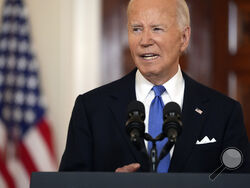 President Joe Biden speaks in the Cross Hall of the White House Monday, July 1, 2024, in Washington. (AP Photo/Jacquelyn Martin)