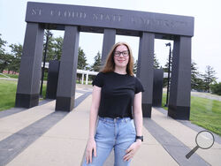 University student Christina Westman poses at St. Cloud State University, Tuesday, July 30, 2024, in St. Cloud, Minn. (AP Photo/Adam Bettcher)