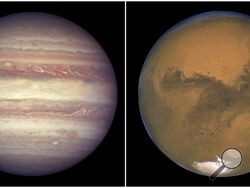 This combination image, created from two photos provided by NASA, shows Jupiter pictured on April 3, 2017, left, and Mars pictured on Aug. 26, 2003, right. (NASA via AP)