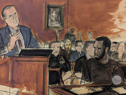 In this courtroom sketch, Sean Combs, seated right, looks at his attorney, Marc Agnifilo, left, as he delivers his bail argument as Combs' family in the gallery, background, raise their hands indicating to Judge Tarnofsky that they are in attendance, to bolster the defense attorney's bail argument, Tuesday, Sept. 17, 2024, in Manhattan Federal Court in New York. (Elizabeth Williams via AP)