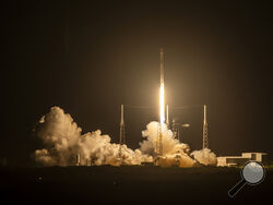 In this photo provided by SpaceX, the SpaceX Falcon 9 rocket, carrying 21 Starlink internet satellites, launches from Cape Canaveral, Fla., on Wednesday, Aug. 28, 2024. (SpaceX via AP)