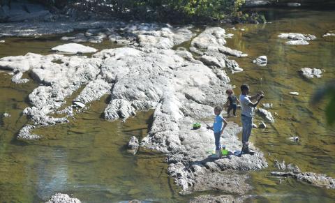 Jahrell Harper, Bloomsburg, spent Wednesday morning with his daughters Lilyanna and Aleigha Harper fishing in Fishing Creek near the Rupert Covered Bridge. Lack of rain has lowered the water level, exposing a large section of rocks that allow fishermen to get out to the center of the creek.