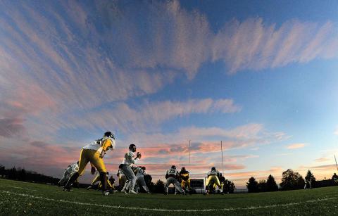 Bloomsburg University football players run through drills in the red zone during Wednesday afternoon's practice at Redman Stadium. The Huskies are preparing for Saturday's game against West Chester. 