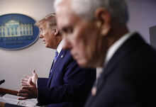 FILE - Vice President Mike Pence, right, listens as President Donald Trump speaks during a coronavirus task force briefing at the White House, Sunday, April 19, 2020, in Washington. Pence has a resume most politicians with their eyes on the White House would dream of. A congressman. A governor of a big midwestern state. A one-time vice president. In normal times, a person with those credentials might well be considered their party’s presumptive nominee. (AP Photo/Patrick Semansky, File)