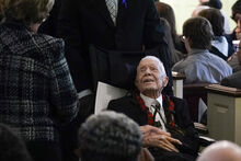 Former President Jimmy Carter greets people as he departs after the funeral service for former first lady Rosalynn Carter at Maranatha Baptist Church, Wednesday, Nov. 29, 2023, in Plains, Ga. The former first lady died on Nov. 19. She was 96. (AP Photo/Alex Brandon, Pool)