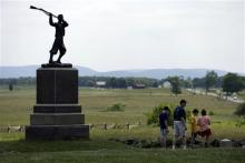 In this Wednesday June 5, 2013 photo, a monument sits atop a ridge held by Union troops, above the field of Pickett's Charge, in Gettysburg, Pa. This year's Gettysburg commemoration will represent the pinnacle of the re-enactment careers of thousands of Civil War buffs. Tens of thousands of visitors are expected for the 10-day schedule of events that begin June 29 to mark the 150th anniversary of the Battle of Gettysburg. (AP Photo/Matt Rourke)