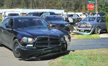 A Berwick police cruiser has front end damage after it struck Franklin Snyder’s car during a chase near Berwick Hospital Thursday morning. (Press Enterprise/Keith Haupt)