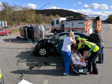 Medics work at an accident Tuesday afternoon near the intersection of routes 54 and 642. (Press Enterprise/Jimmy May)