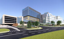 This image shows an artist's rendering of the new 11-story tower and parking garage proposed for Geisinger Medical Center.