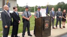 Authorities in Northumberland County are offering a $10,000 reward for information leading to the arrest of a suspected rapist. Appearing at Wednesday's press conference from left to right: PSP Cpl. Todd Brininger; Northumberland County D.A. Tony Matulewicz; PSP Lt. Sherman Schadle; Tpr. Rick Blair; Tpr. Maxwell Andres; Tpr. Joel Follmer; and Kira Lemons from PA Crime Stoppers.