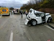 A Toyota Rav4 was wrecked in a crash on I-80 west Wednesday afternoon. (Press Enterprise/Jimmy May)