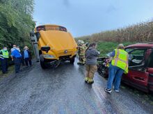 A Danville Area Schools bus carrying 14 middle school students was hit head-on by a van on Rhodes HillRoad in Derry Township this afternoon