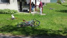 Robert Castle's bike lies in the grass outside a cabin in Elk Grove Thursday morning, while North Mountain firefighter Frank Gough, far right, talks to witnesses. Castle collapsed and died during a bike ride, according to the coroner. (Press Enterprise/Julye Wemple)