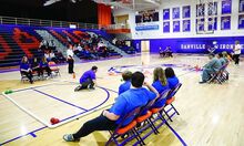 Danville High School’s Nate Lysiak throws a bocce ball on Wednesday at Danville High School. Lysiak competed on Danville’s bocce ball team, which is open to all students in the high school, against Warrior Run High School.