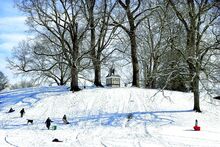 Children, and one dog, use a hill on the Danville State Hospital grounds for sledding and other sliding fun on Tuesday afternoon following the overnight snowfall. In-person school was canceled for the day throughout the area. 