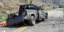 A pickup came to rest on Legion Road in Montour Township after the leaving the roadway, rolling over and hitting a utility pole Friday morning. 