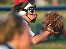 Central Columbia’s pitcher Mea Consentino throws a pitch during the third inning of Tuesday night’s game against Bloomsburg at Central. Consentino set the school season strikeout record during the game. She had also set the record she broke. 