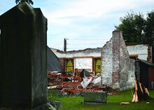 The wall and roof of Bloomingail’s Gift Shop , built in 1867 as St. Paul’s Evangelical Lutheran Church, collapsed during a wind storm on Wednesday afternoon. The gift shop sits at the intersection of Martzville and Kachinka Hollow roads.